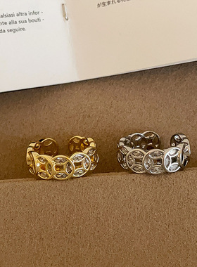 新中式精致锆石钱币戒指女复古新款个性独特时尚潮流百搭指环戒子