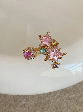 甜酷少女粉双星星锆石戒指女气质高级时尚潮流轻奢百搭指环戒子