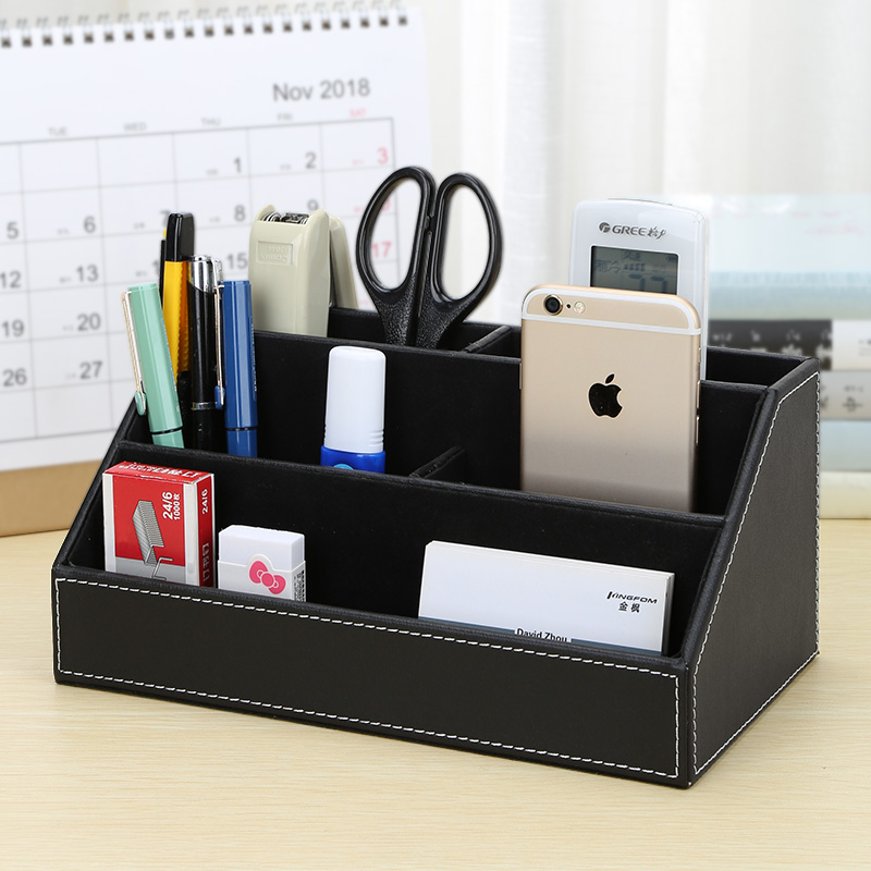商务办公用品 创意笔筒 多功能文具收纳皮革桌面收纳盒木质 - 图0