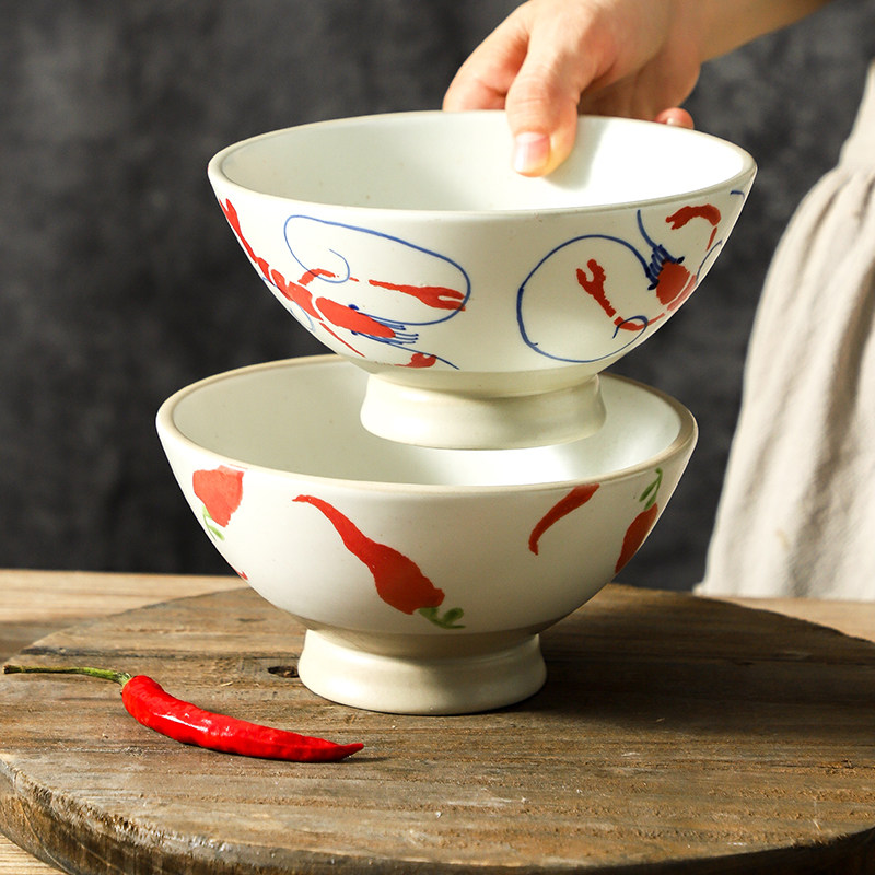 6寸青花瓷拌饭碗中式小面碗斗笠碗防烫高脚碗粗陶吃饭碗复古餐具