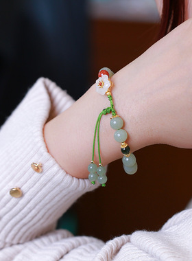 和田白玉梅花佛珠手链轻奢女士