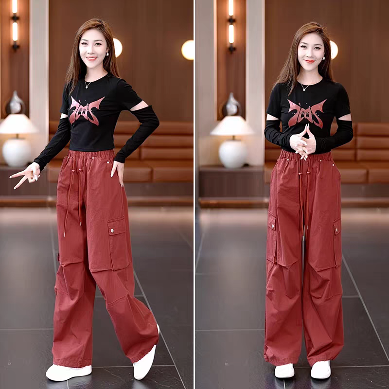 火龙果工装裤休闲套装女秋季T恤爵士舞潮炸街酷飒风裤子两件套,淘宝优惠券,粉丝福利购,淘宝优惠卷