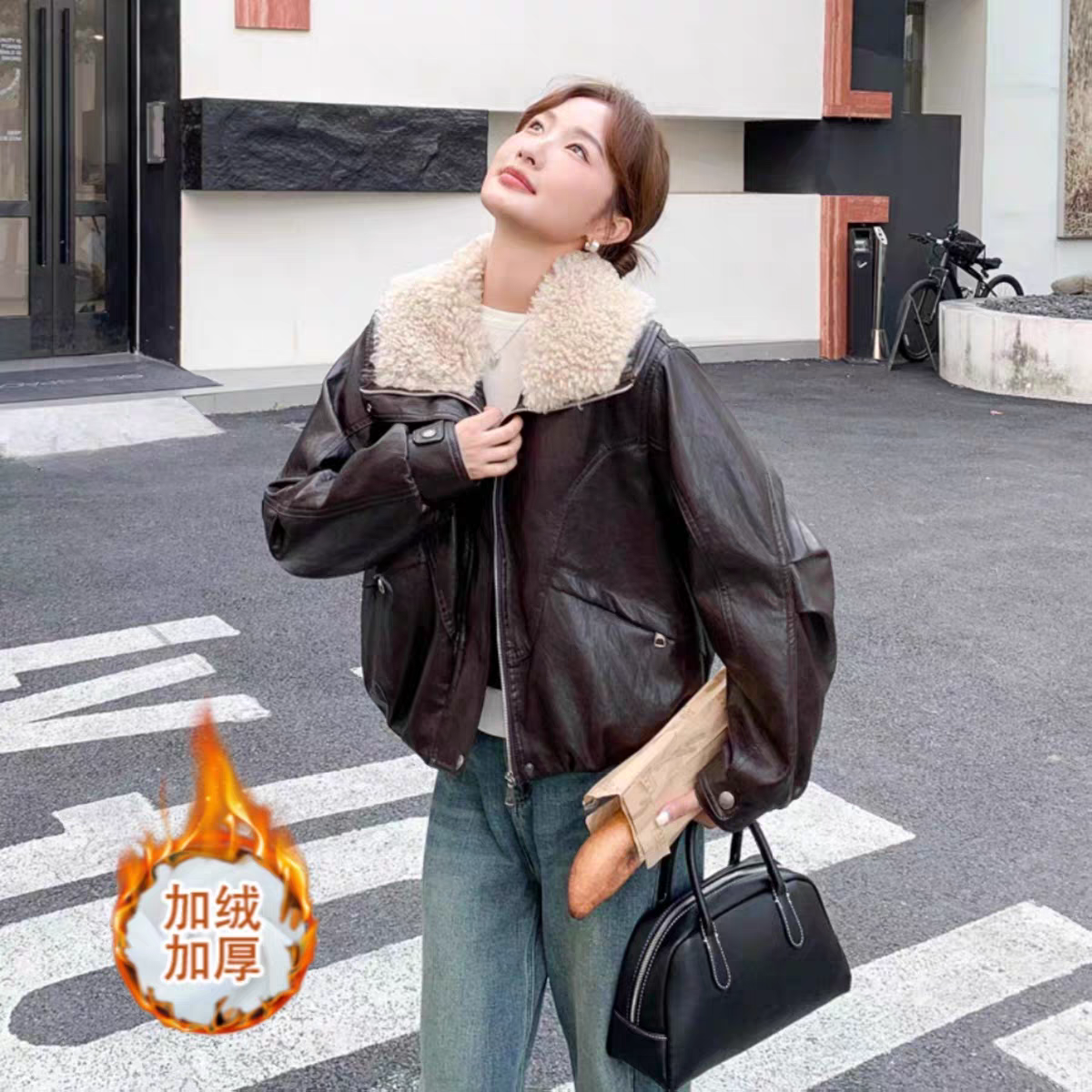 毛绒大翻领加绒加厚保暖皮衣外套女2025秋冬新款宽松显瘦上衣,淘宝优惠券,粉丝福利购,淘宝优惠卷