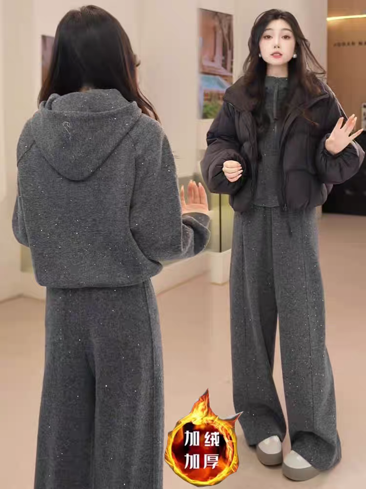 加绒加厚时尚运动套装女冬季新款洋气显瘦连帽卫衣阔腿裤两件套潮,淘宝优惠券,粉丝福利购,淘宝优惠卷