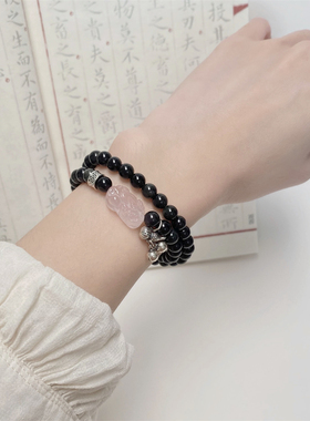 桃花粉水晶貔貅黑曜石纯银手串女