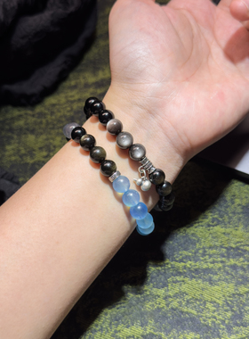 天然黑曜石海蓝宝灰月光手链礼物
