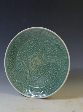 仿古瓷器 柴窑南宋定窑绿釉印花盘 菜盘 大盘 古董古玩老货旧货