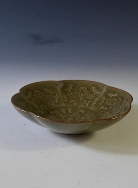 仿古瓷器 复古南宋风格  耀州窑青釉花卉纹斗笠碗 古董古玩收藏品