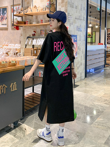 特大码女装遮肚子显瘦连衣裙胖mm夏装宽松纯棉过膝长款t恤裙200斤 - 图1