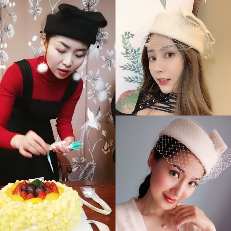 诗丹凯萨礼帽秋冬法式网纱空姐帽子 诗丹凯萨帽子