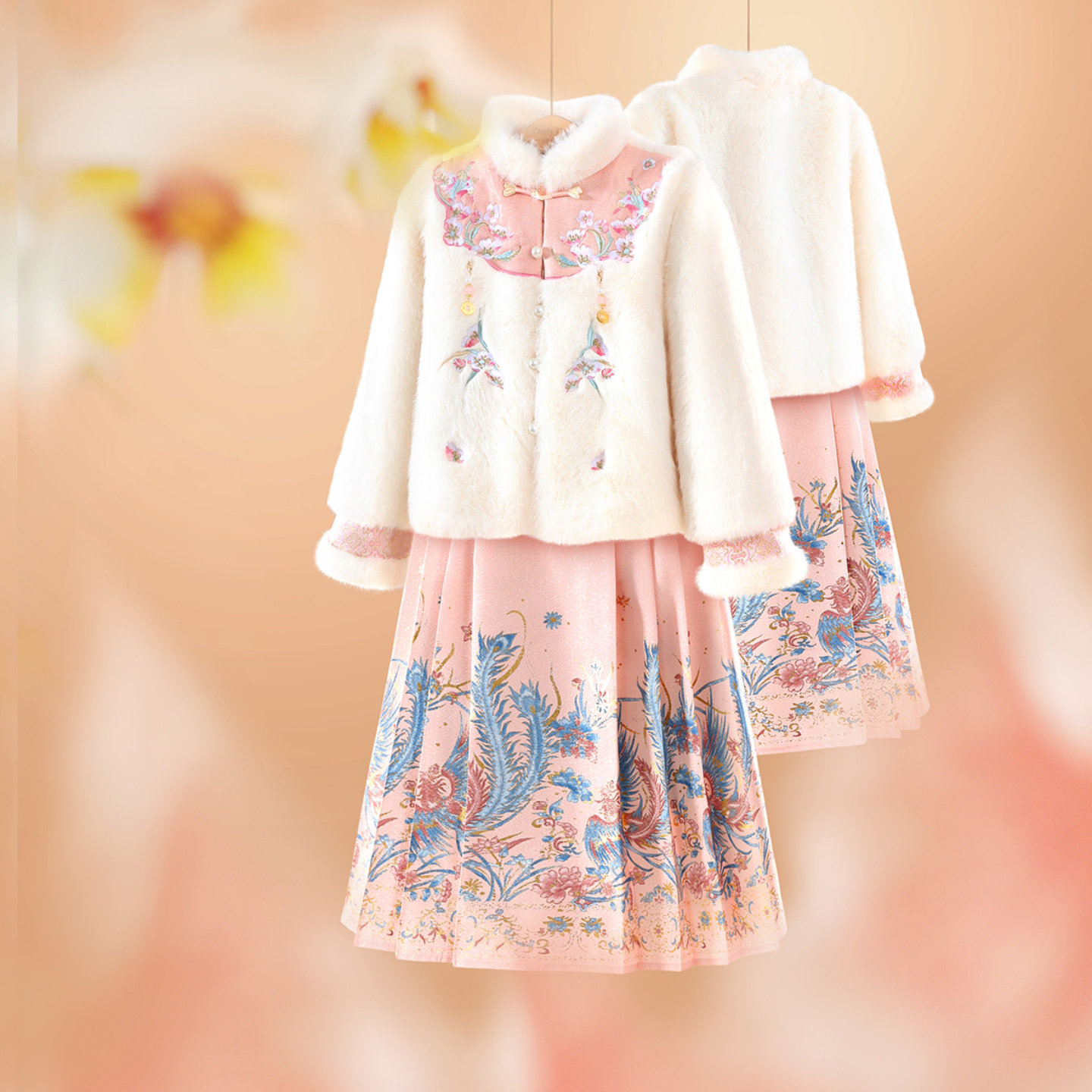 小虎帕蒂女童冬装新款中式花卉刺绣毛绒外套凤凰马面裙汉服套装,淘宝优惠券,粉丝福利购,淘宝优惠卷