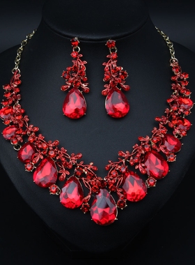 奢华水晶宝石水滴叶子项链套装女