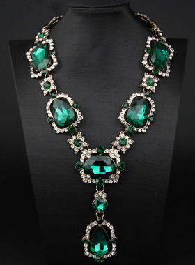 欧美复古方块水晶大宝石水滴项链夸张奢华个性摄影演出礼服配饰品