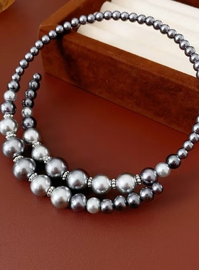欧美复古灰色大小珠弹力项圈项链