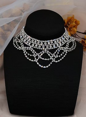 欧美时尚奢华闪亮水钻颈链女气质百搭流苏项链束颈链新娘礼服配饰