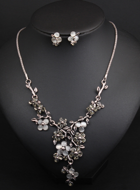 欧美复古树枝繁花镶钻项链耳环