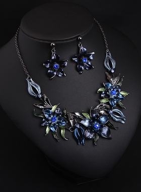 高端精致蓝色花朵耳环女项链
