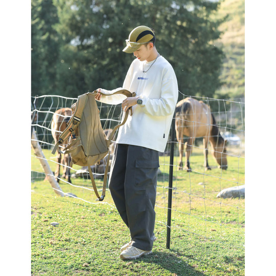 吕小虎高级感痞帅长袖t恤男士秋季宽松上衣男生藏青色内搭打底衫