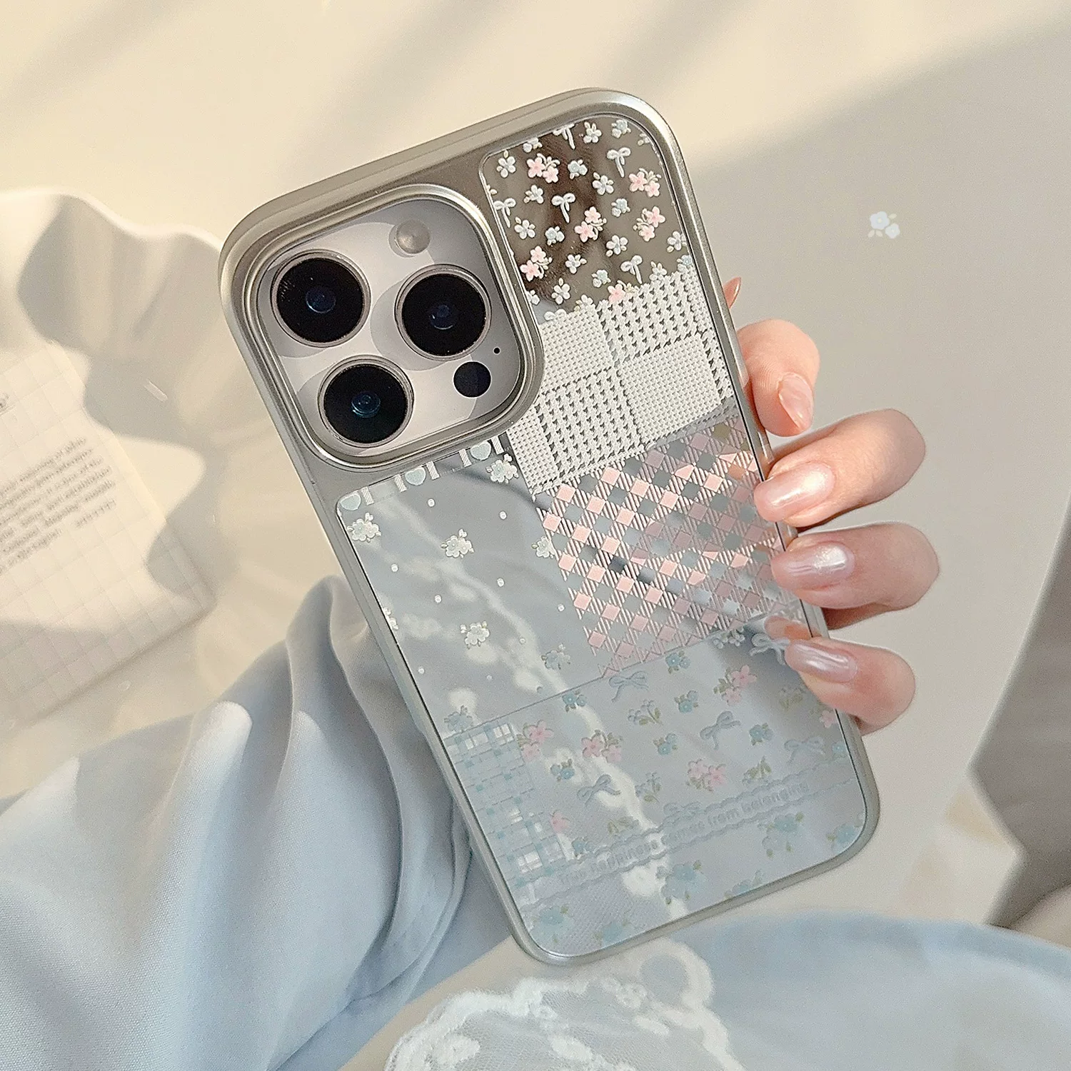 Айфон совместим с яблочным свежий iPhone 16, чехол для телефона, 16promax, iphone, эффект зеркала, кружевное платье, с цветочным принтом, защита от осени