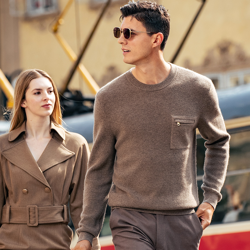 MrBu布先生罗纹圆领原色羊绒衫男2025秋冬款立体贴袋上衣BT16918 - 图0