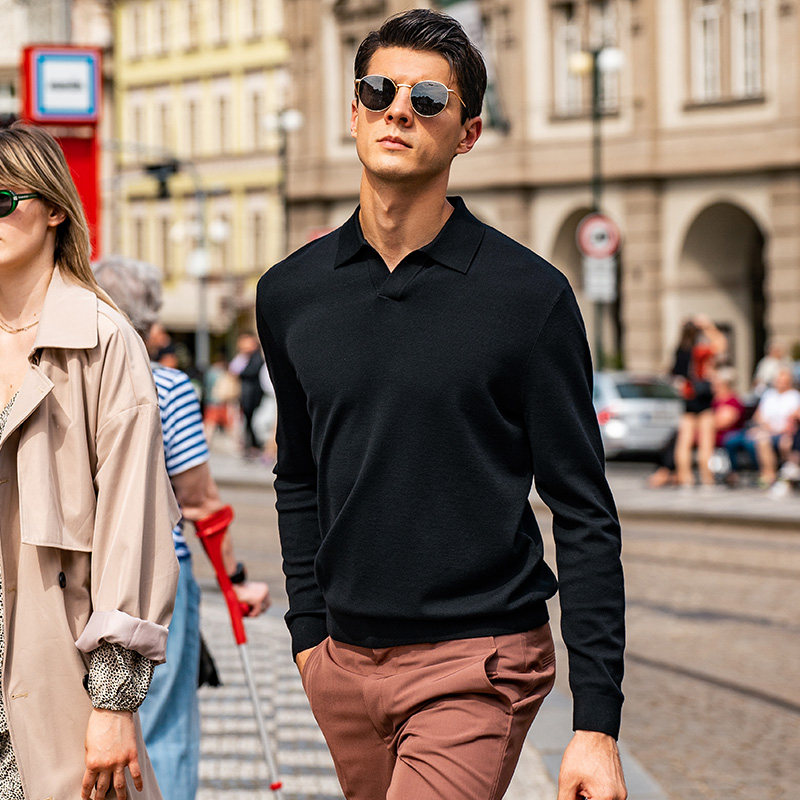 MrBu布先生海鸥领提花保暖羊毛衫秋冬纯色可机洗男款毛衣BT12512