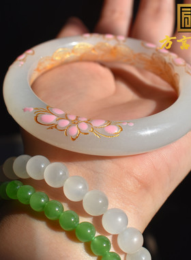 市场12000元福利价1100元老坑青海料白玉54景泰蓝国风桃花手镯R1