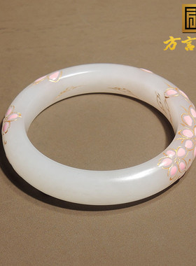 震惊了方言和田玉青海料羊脂白景泰蓝工艺卡57mm桃花粉描金手镯h0