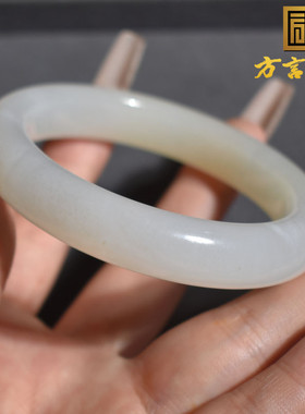 方言精品和田玉俄罗斯老坑料温细羊脂白玉飘糖色卡56mm正装手镯R1