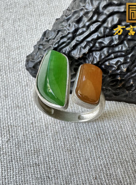 设计款方言和田玉精品佩戴温润925银镶玉多彩碧玉红糖戒指指环O