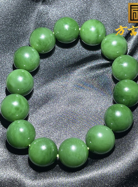 稀缺方言和田玉收藏级俄罗斯碧玉老坑料菠菜绿卡17MM豪华大手串S