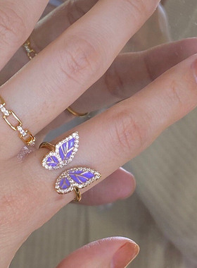 蝴蝶戒指女小众设计高级感指环珍珠蝴蝶链条拼接赫本风开口戒