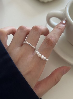 s925纯银碎银子珍珠戒指简约ins网红气质小众设计感闭口指环