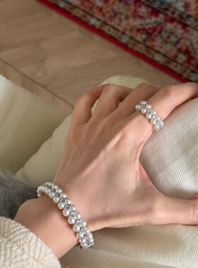 S925纯银戒指女轻奢小众设计感高级食指戒双排弹力绳指环珍珠