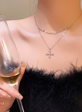 暗黑十字架项链女潮长款双层叠戴
