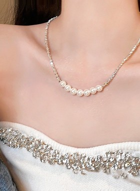 碎银子拼接珍珠叠戴项链
