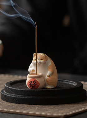 纯手绘陶瓷招财猫线香插香薰摆件