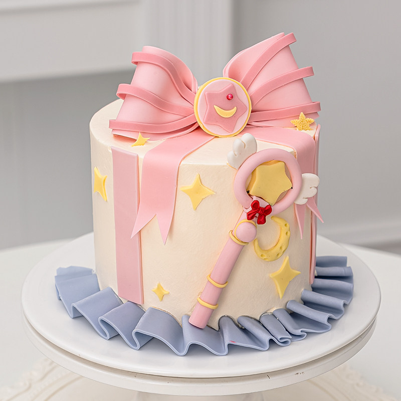网红女生生日蛋糕装饰翻糖干佩斯蝴蝶结摆件粉色少女心美少女蛋糕