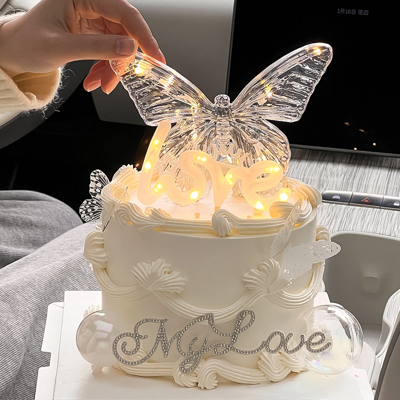七夕情人节唯美蝴蝶发光灯蛋糕装饰女神生日情侣表白甜品love装扮