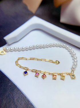 925银镀白金黄金镶嵌空托手链珍珠方3*3MM定制宝石彩色托帕裸DIY