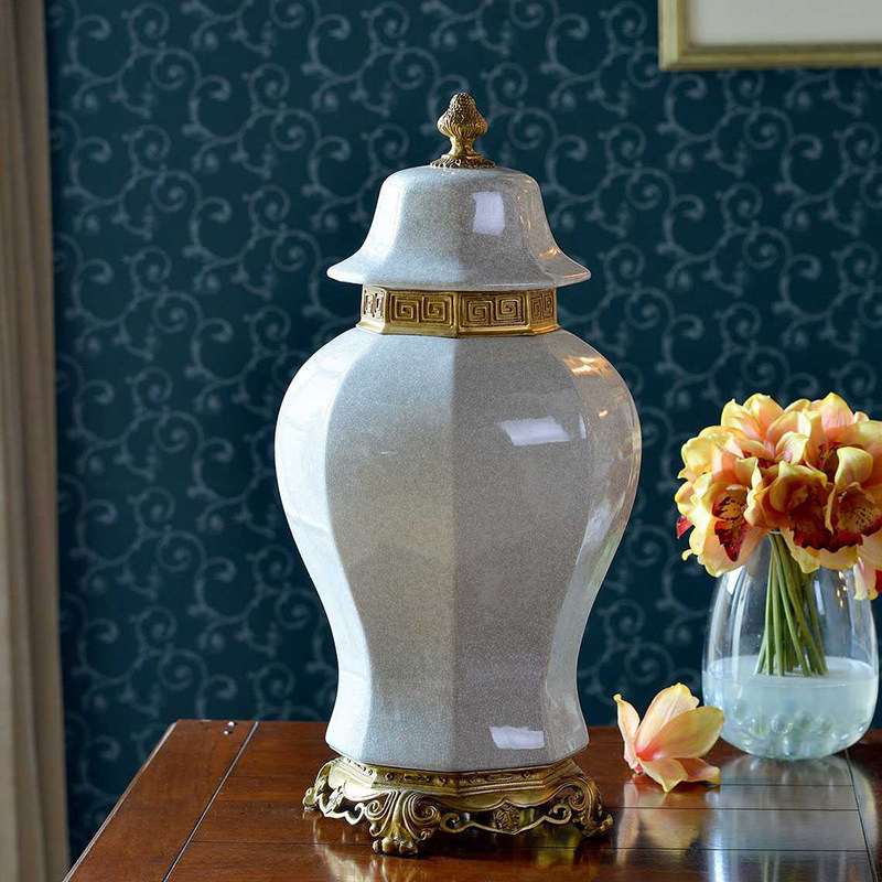 美式别墅客厅入户玄关摆件新中式青花陶瓷配铜将军罐欧式大肚盖坛,淘宝优惠券,粉丝福利购,淘宝优惠卷