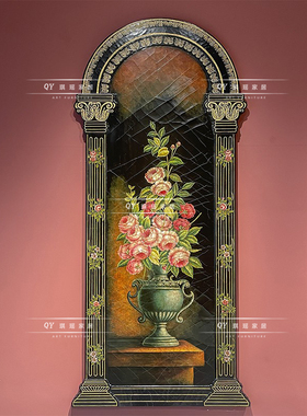 美式凯旋门高端纯手绘装饰画玄关木板画走廊过道花卉挂画壁画