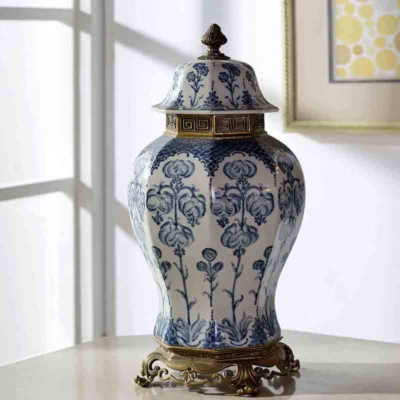 美式别墅客厅入户玄关摆件新中式青花陶瓷配铜将军罐欧式大肚盖坛,淘宝优惠券,粉丝福利购,淘宝优惠卷