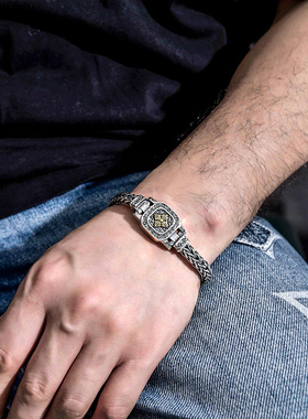 手工编织龙骨金刚杵纯银手链男士