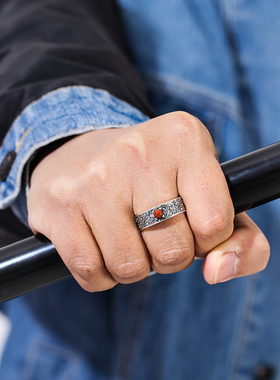 天然南红石祥云情侣纯银戒指男女