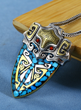 饕餮纹吊坠纯银盾牌绿松石个性款