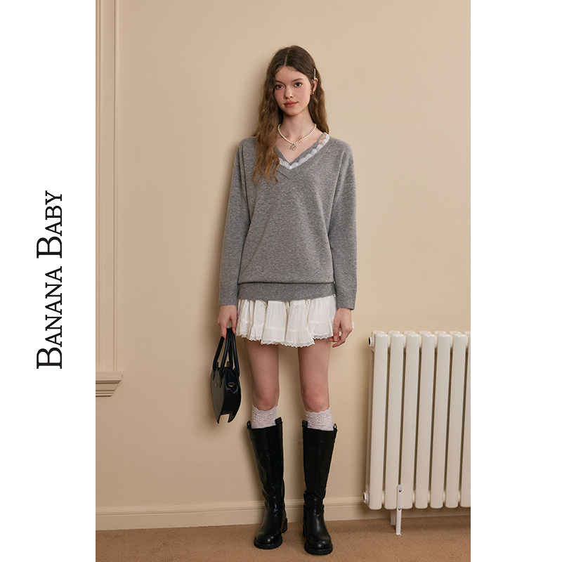 BANANA BABY2025年冬季新款温柔假两件针织衫女蕾丝拼接软糯毛衣,淘宝优惠券,粉丝福利购,淘宝优惠卷