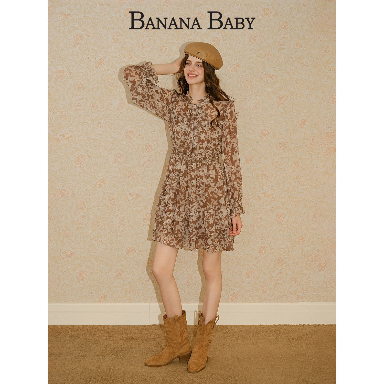 BANANA BABY2025年冬季新款印花雪纺连衣裙女系带灯笼袖衬衫短裙,淘宝优惠券,粉丝福利购,淘宝优惠卷
