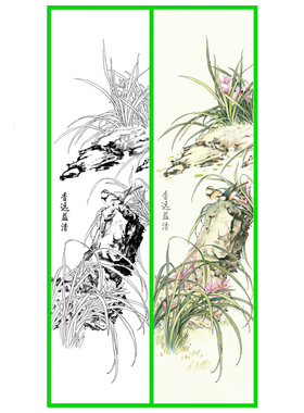 四条屏梅兰竹菊工笔画底稿花鸟