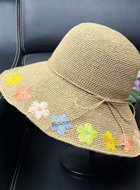 日系大檐出游手工钩针草帽女夏季遮阳帽沙滩帽度假防晒草编渔夫帽