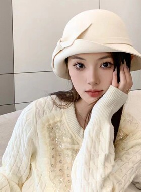 洋气秋冬天白色帽子女款优雅百搭女士2024新款羊毛冬季显脸小礼帽